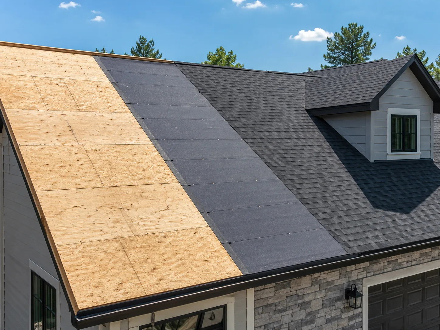 Roof decking, underlayment, and asphalt shingles during roof construction
