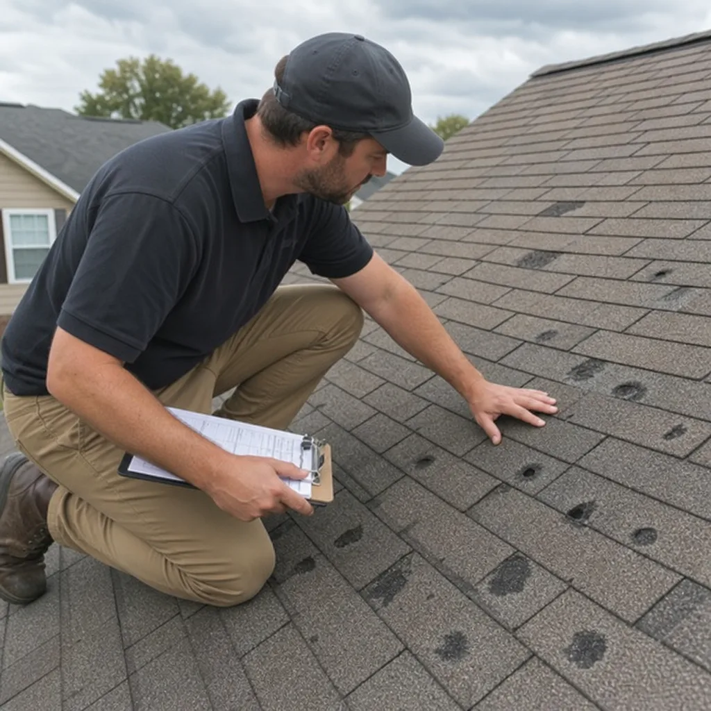 Roofer inspecting shingles for storm and hail damage