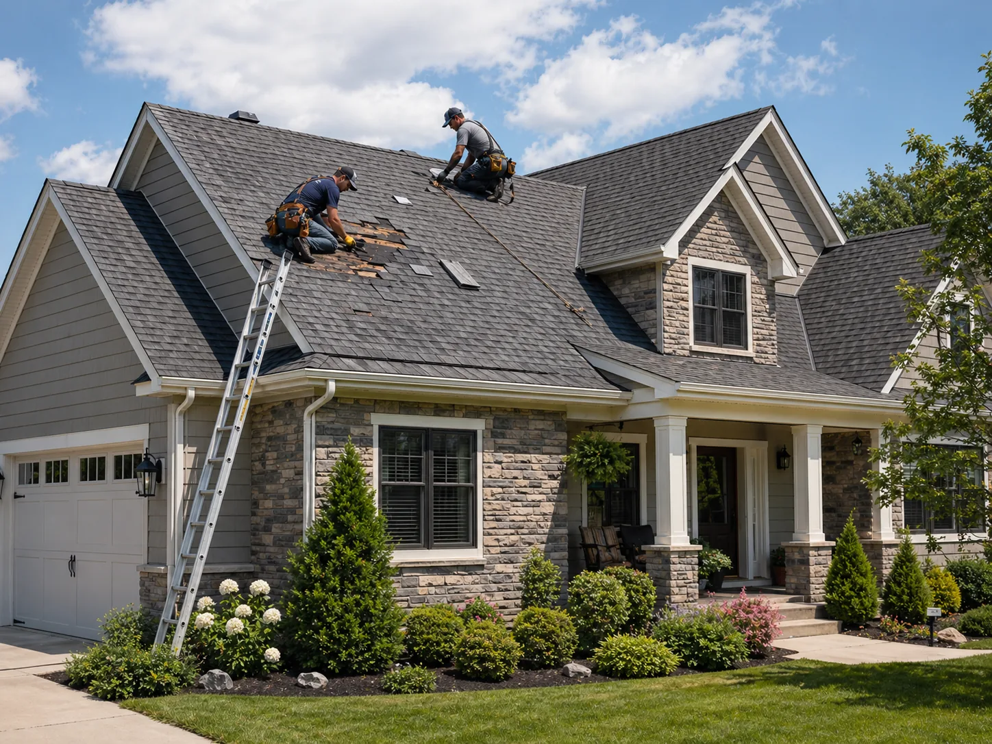 Roofing contractors repairing damaged asphalt shingles on a home